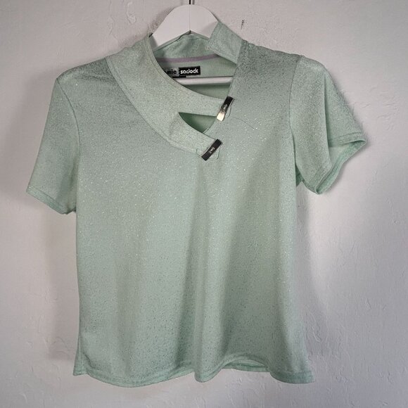 Jamie Sadock Green Sparkly Short Sleeve Golf Polo Shirt Top Medium Unique Collar - Picture 1 of 7